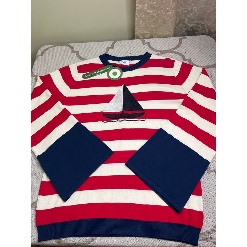 NWT OXKNIT Red White Striped Sweater Sailboat Navy Bell Cuff Knit Crewneck XL - Picture 9 of 10
